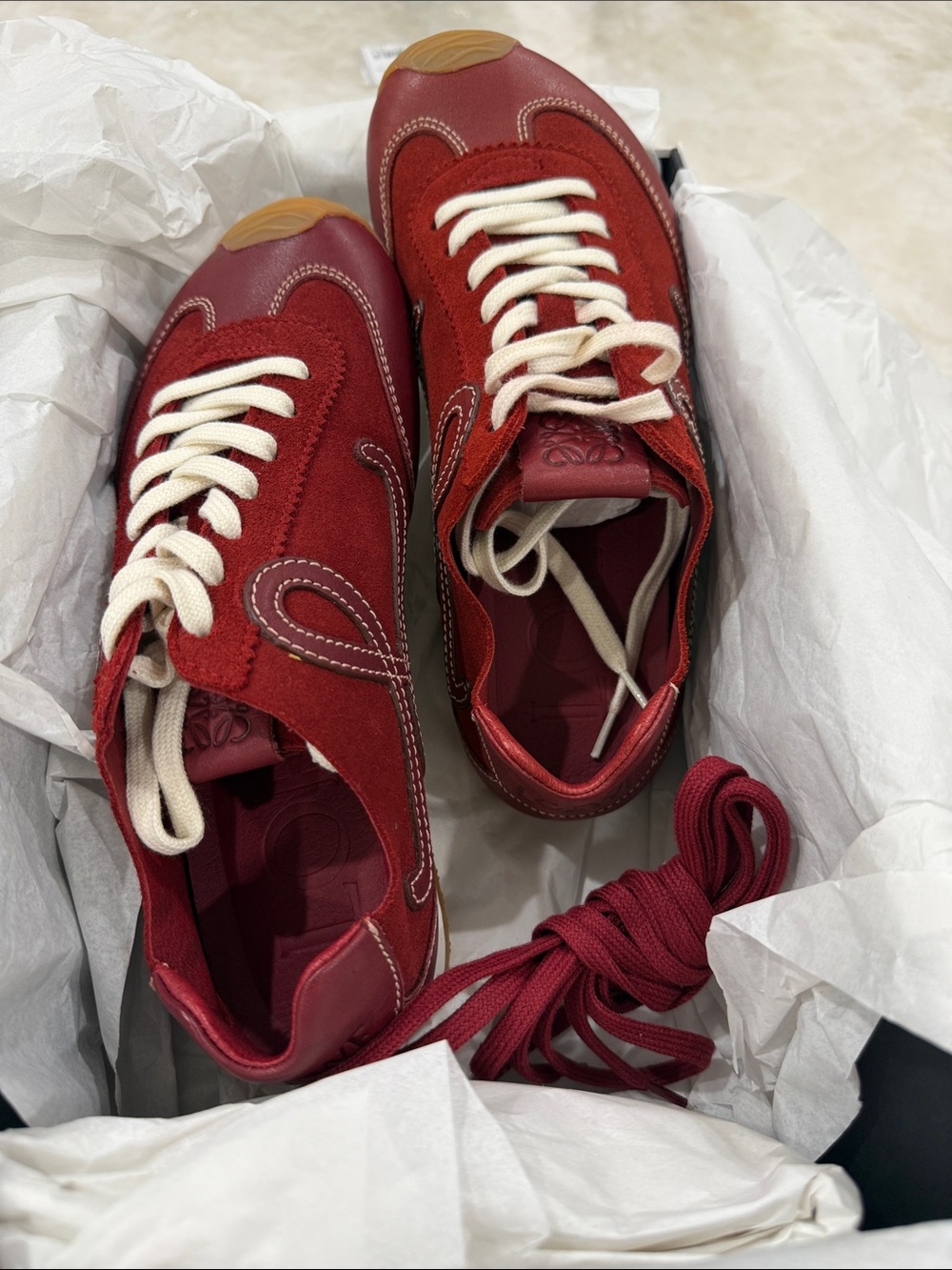 New Loewe Ballet Runner 2.0 Leather Low-Top Sneakers - Burgundy Red and White - Picture 6 of 9